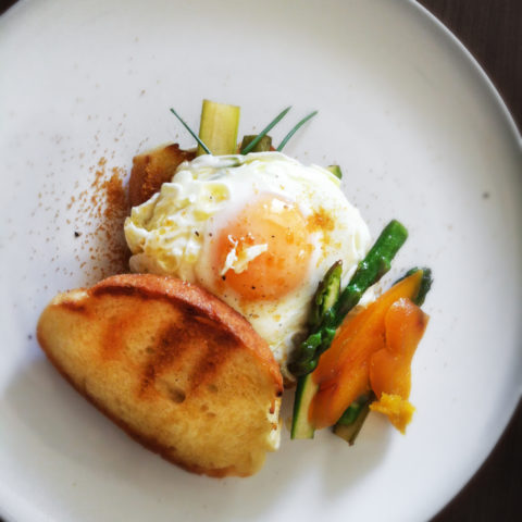 Sunny Side Up Eggs with Wild Asparagus and Trikalinos Bottarga Image